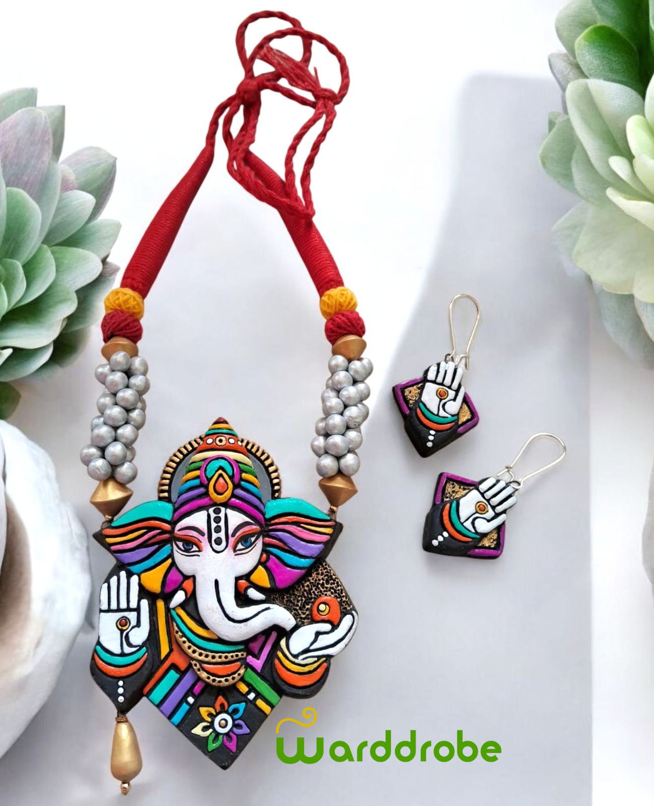 Handmade & Hand‑Painted Terracotta Jewellery Pendant Set. - Image 2