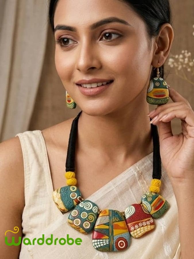 Handmade & Hand‑Painted Terracotta Jewelry Pendant Set