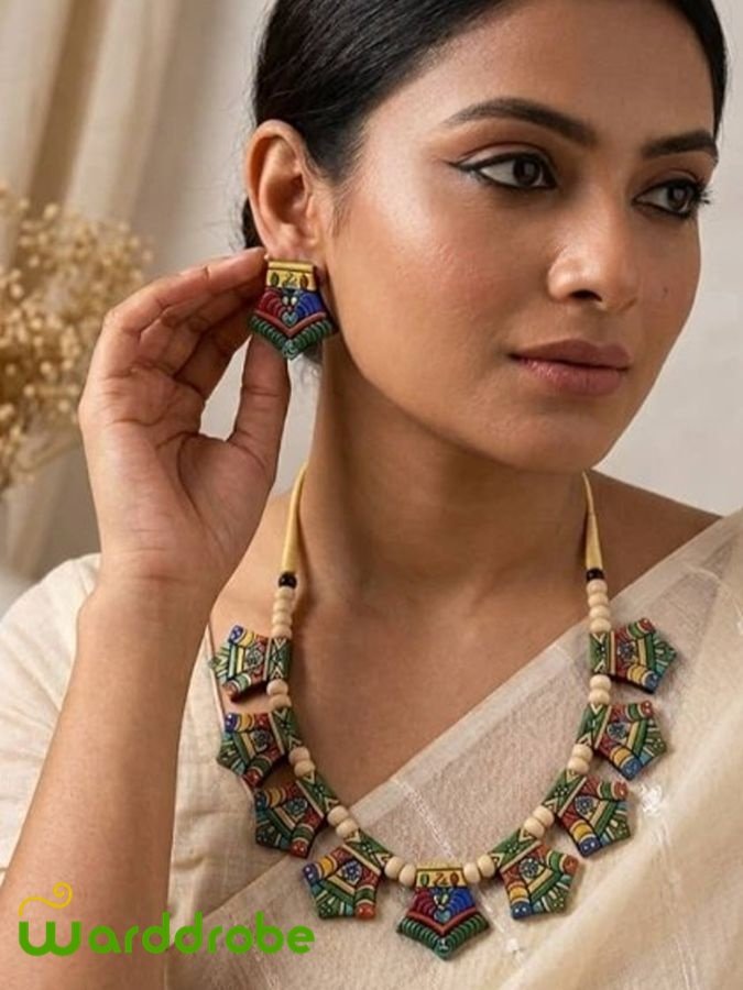 Handmade & Hand‑Painted Terracotta Jewelry Pendant Set
