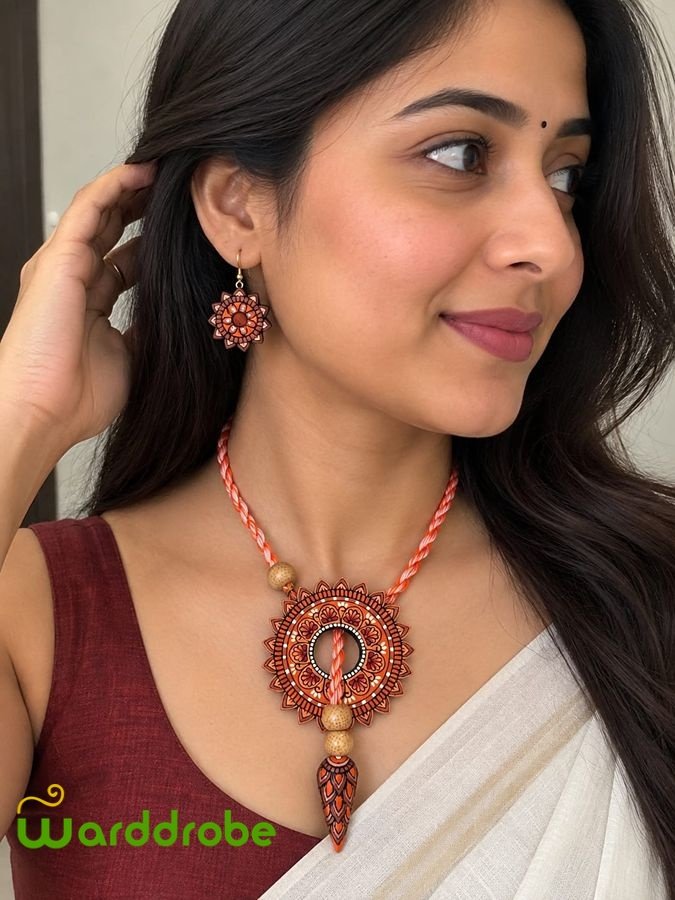 Handmade & Hand‑Painted Terracotta Jewelry Pendant Set