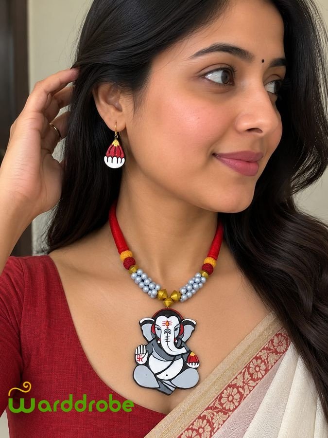 Handmade & Hand‑Painted Terracotta Jewelry Pendant Set