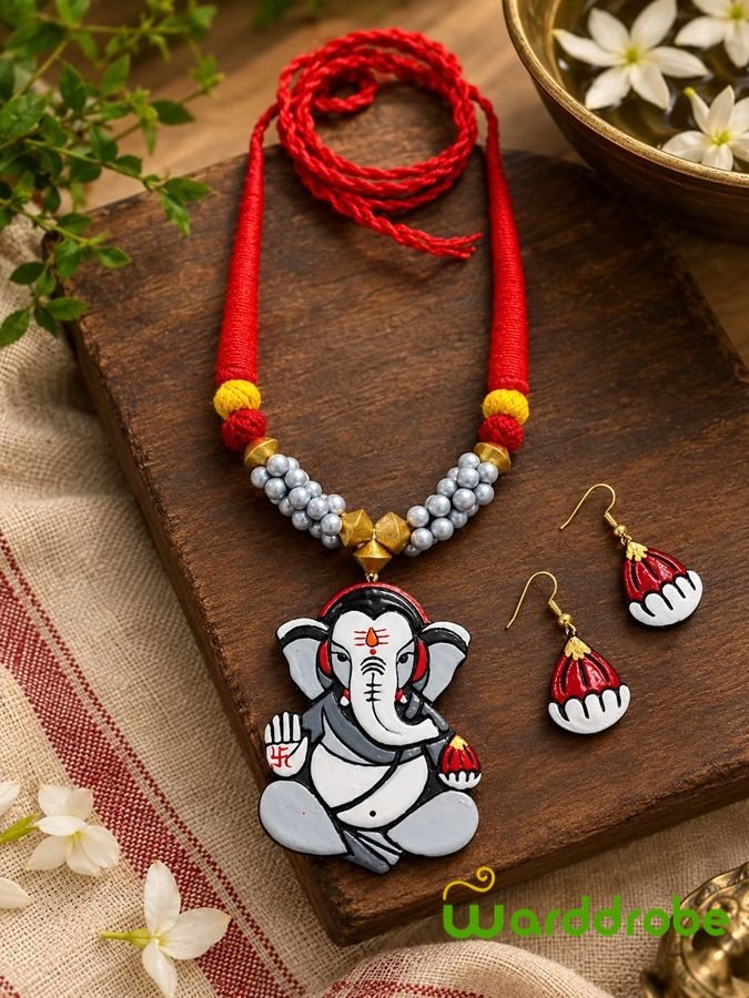 Handmade & Hand‑Painted Terracotta Jewelry Pendant Set - Image 2
